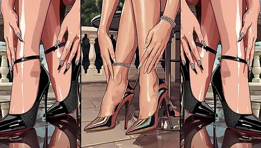 High-Heels bekommen sperma von allen seiten und werden von heißen anime-mädchen geleckt