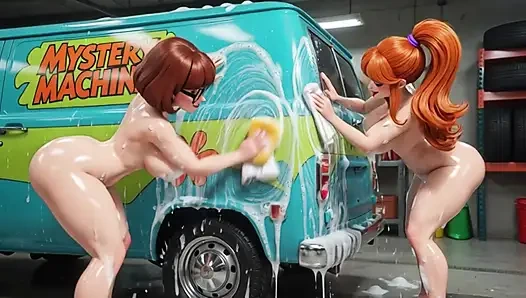 Velma and Daphne Enjoy a Sensual Soapy Nude Car Wash Cleaning the Classic Mystery Machine Van Thoroughly