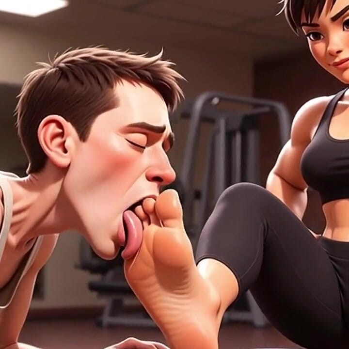 Strong Muscular Woman Makes Skinny Slave Lick Her Feet