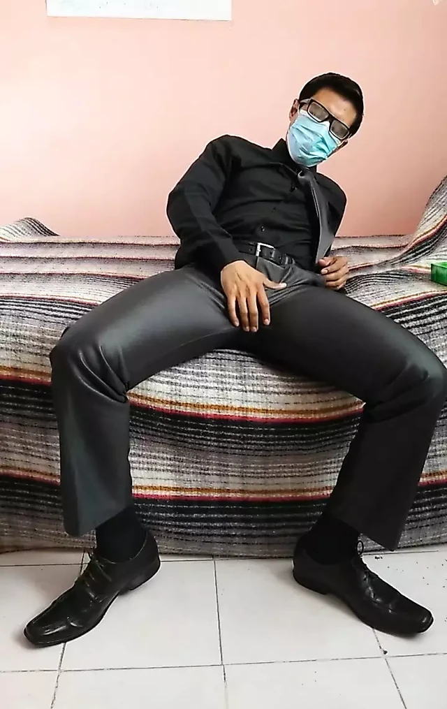 shiny satin suit tie bulge play jerk off