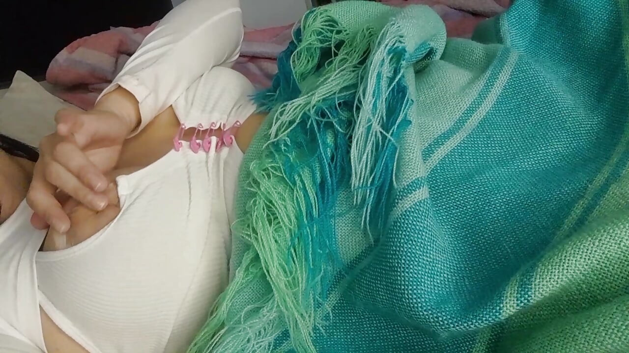 Hot stepsister masturbates her milky pussy while her stepbrother rests in the same bed