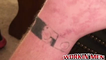 Bearded tattooed mature guy jerks off and cums on himself