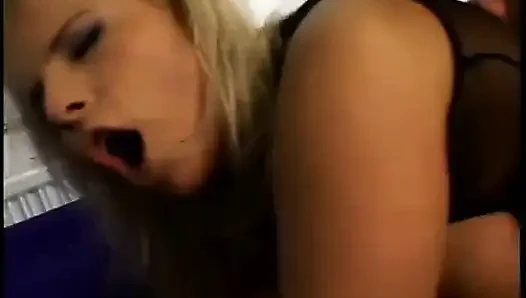 Gorgeous blondes with big boobs get fucked on red couch by lucky guys