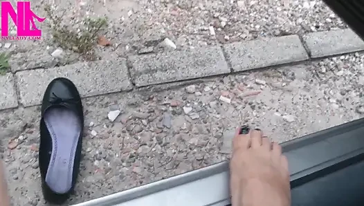 Shoeplay with Black Leather Flats on Barefoot Outside