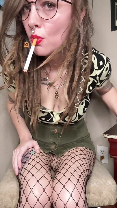 Smoking Masturbation in a Skirt and Fishnets
