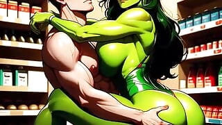 She-Hulk AI- jezdí na velkém ptákovi v supermarketu