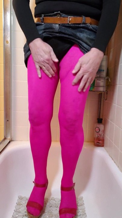Spectacular moment from "Cd piss my pink nylon pantyhose and miniskirt."