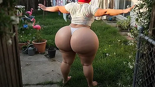 Big Ass Neighbor in Schoolgirl Uniform in the Backyard