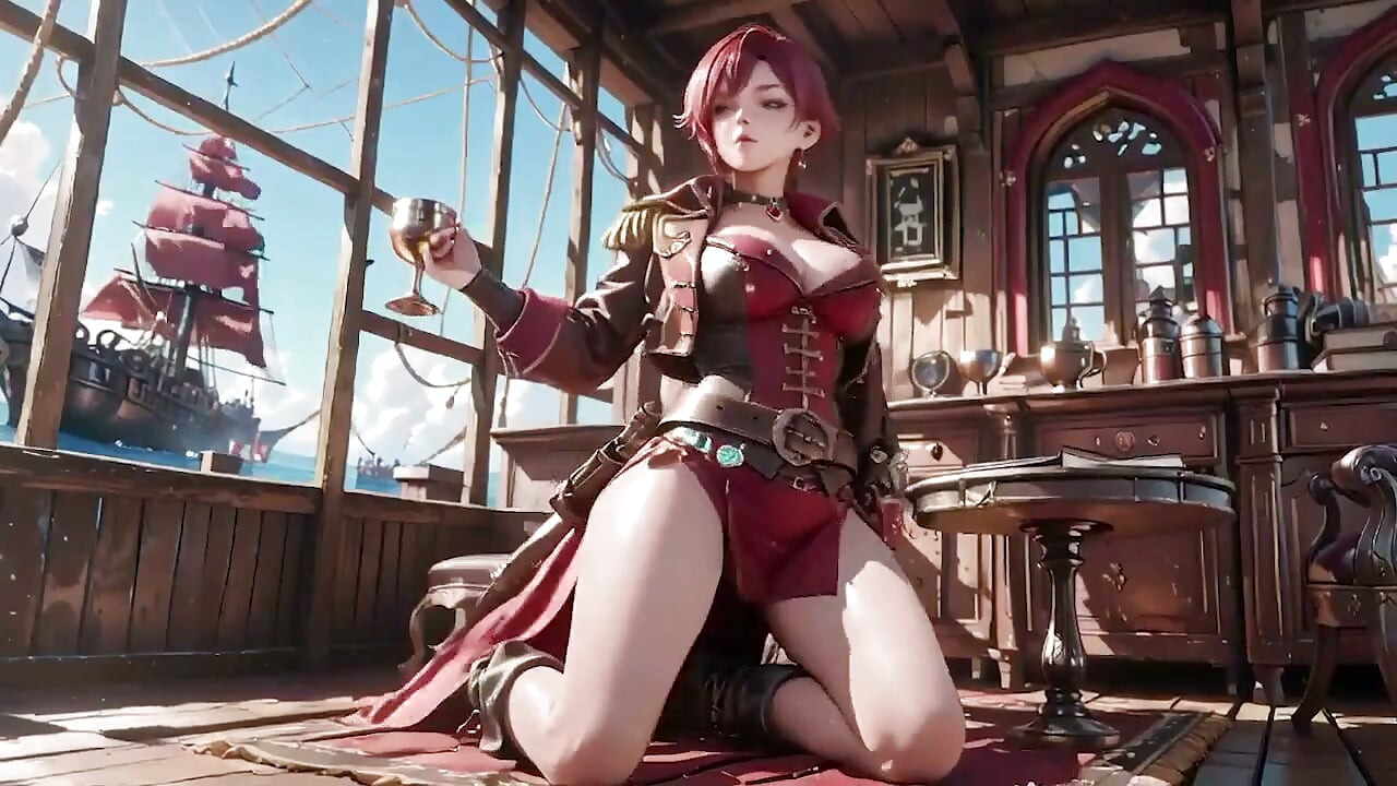 Ruiva capitão pirata! Brincando com sua cutlass em uma cabine de navio vintage.