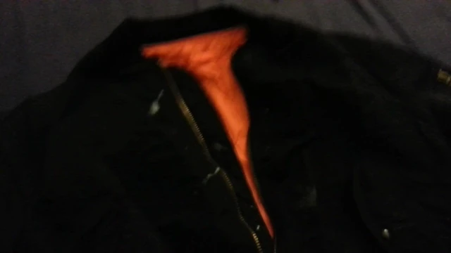 Shooting a big load onto a friend's bomber jacket (Alpha M A