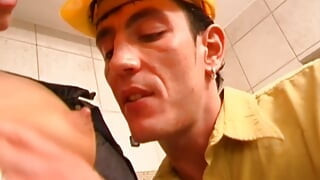 A small titted lady from Germany getting her pussy checked by her plumber