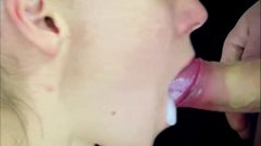 Sensual blowjob with cum in mouth. Close-up.