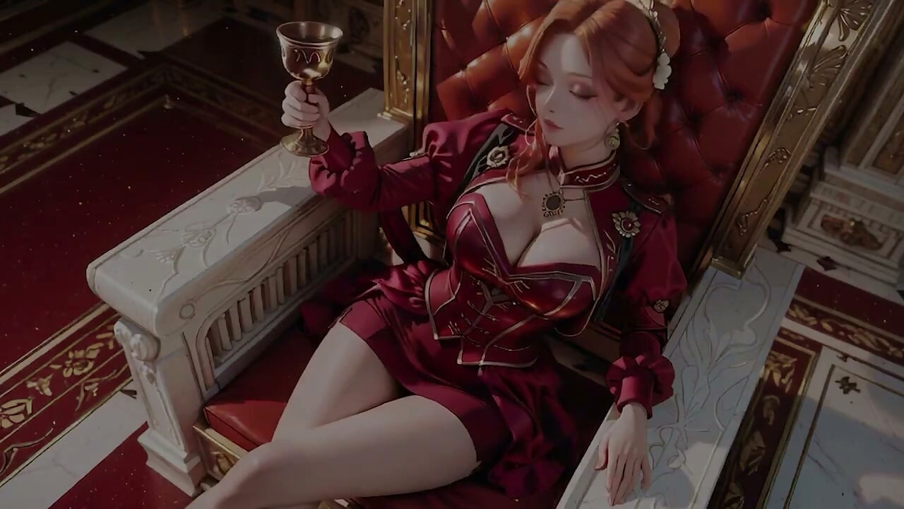 Red Queen on the Golden Throne! Deep Velvet Gown, Lazy Chin Rest, and a Gaze That Locks Onto You. Is She a Ruler or Prey?