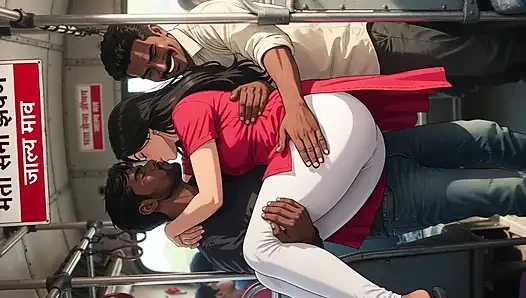Vollbusige kurvige indische schönheit wird von eifrigen männern im überfüllten bus hochgehoben und getragen - cartoon-ai-video