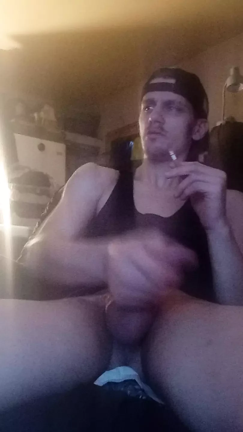 Sunny Jerks off and Smoke a Cig at Same Time