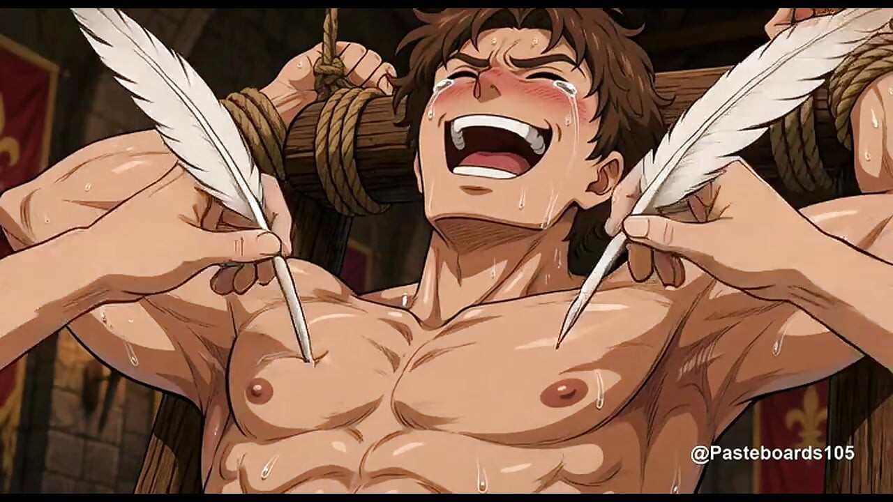 Întins pe suportul din castel, bufonii de la curte îi gâdilă coastele și burta goală (2D Anime)