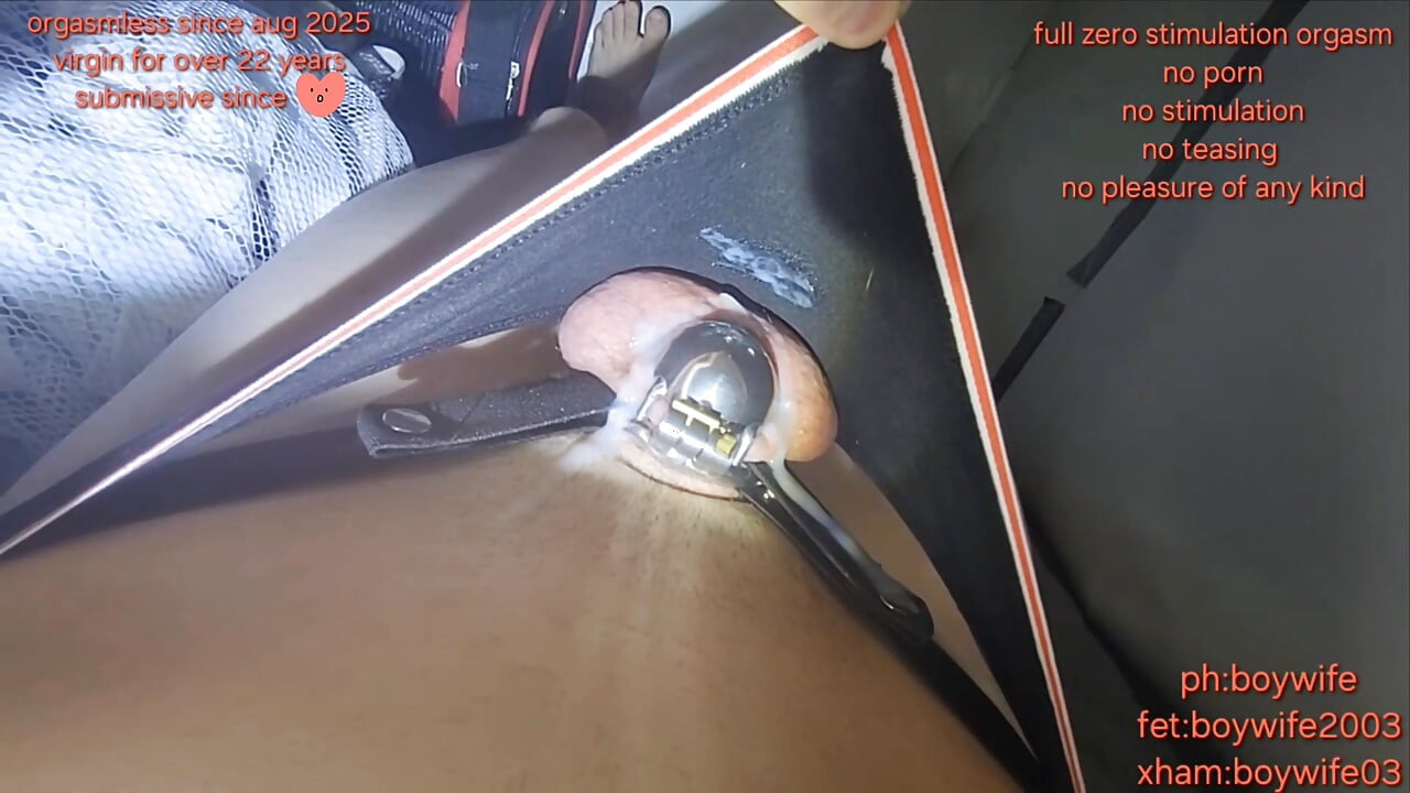 Femboy cums in chastity with zero stimulation and humilates himself