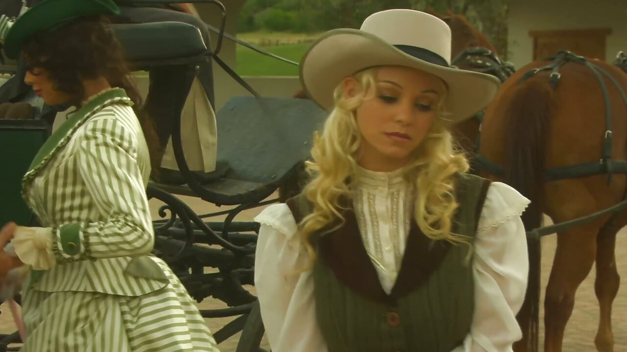 Carriage Sex in the Wild West - Curly Brunette in a Corset Rides Cock