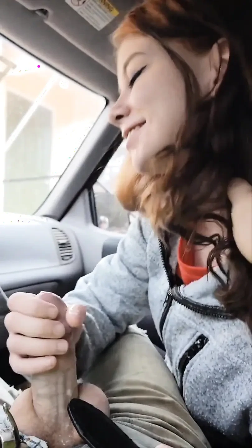 brunette teen girlfriend deepthroats big dick in the car , and takes cum in mouth