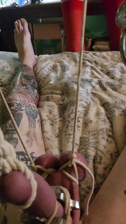 Une Gentille Fille Attache Les Couilles Et La Bite De Son Mari À Des Poulies Dans Le Plafond Avec Des Poids De 5 Livres