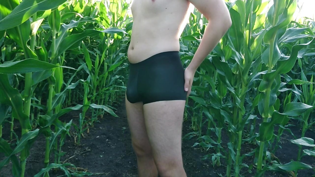 Guy Strips to Underwear in Cornfield and Jerks Off