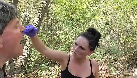 Humiliating him with their spits and slime in the forest