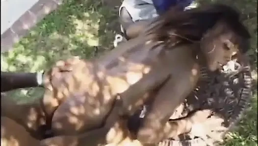 Sexy black couple in action...garden sex