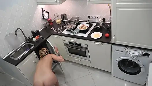 My stepsister is preparing her signature dish in the kitchen