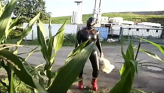 Fetish slave in latex walks and sucks a dildo on the grass