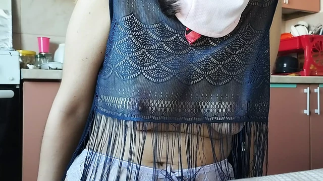 Naughty sexy milf tries on naked clothes. Latina hairy pussy tries on clothes in bed.
