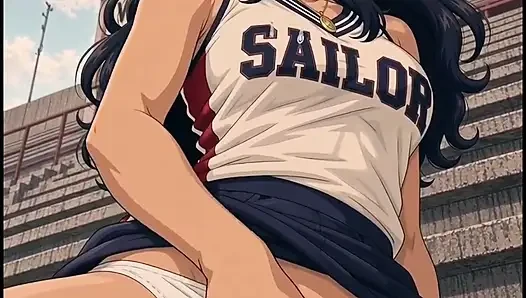 3d Anime Team Sailor feuert Volleyball Mannschaft von Tribüne aus an