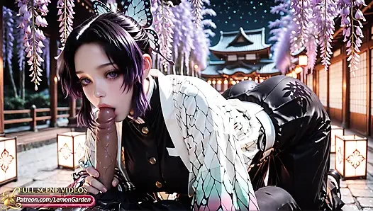 Shinobu Kocho fucks in a night garden with blooming wisteria. 3d Hentai Ai generated anime porn