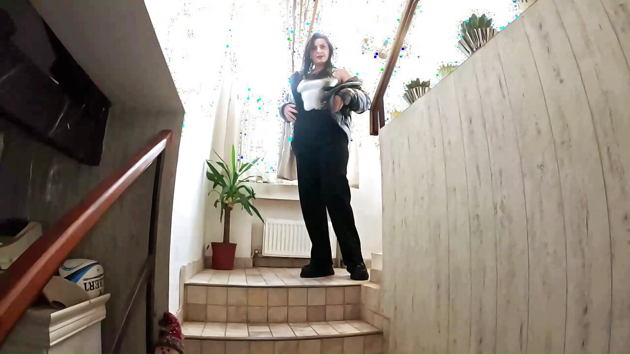 Shiny Downjacket Stairway Fuck. Deepthroat, Hard Doggy and Cum on My Jacket
