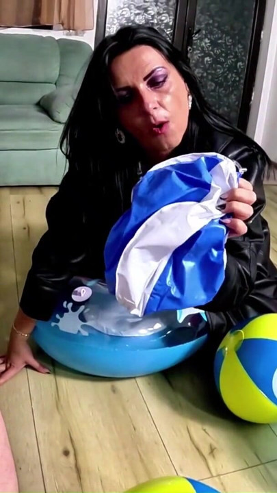 Leather MILF Humiliates Inflatable Addict. Beach Ball Popping, Deepthroat and Creampie | Clip 1