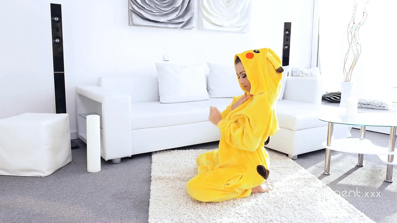 Amazing sexy Pikachu enjoys spreading her wet shaved wide hole