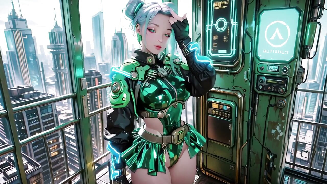 The Green Armored Girl! Valkyrie cu păr argintiu îngenuncheată și privind înapoi, vârfurile degetelor urmărind costumul ei metalic rece.