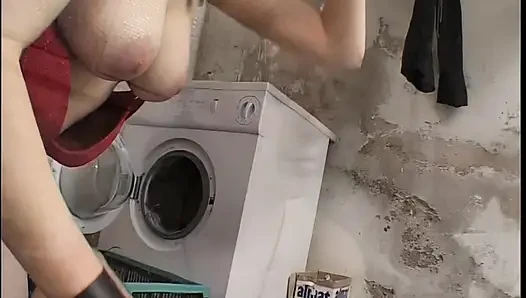 Blonde Babe's Wild Laundry Room Handjob and Orgasm