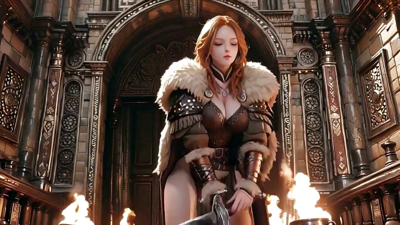 Red-haired Warrior! Forbidden Leather Armor Tease Against Pure White Backdrop.