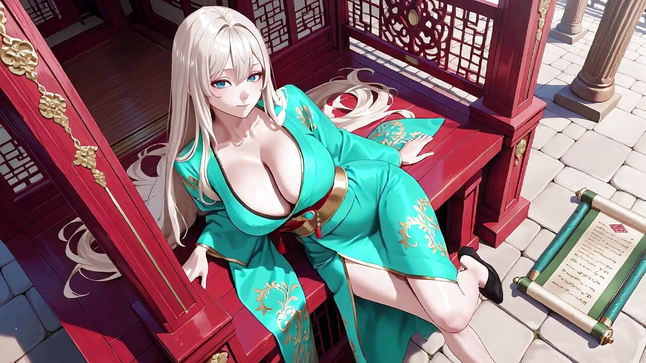 Blonde in a Green Kimono! Lazy Terrace Reading, off-shoulder Design Is Too Sinful!