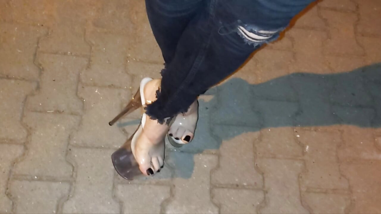 Sexy Feet & Legs in 20cm Sky-High Clear Stilettos - Ripped Jeans Tease