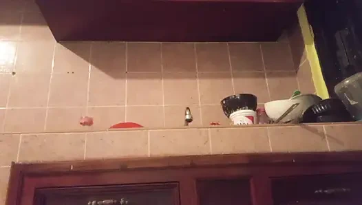 Chubby mom in the kitchen showing thong 2