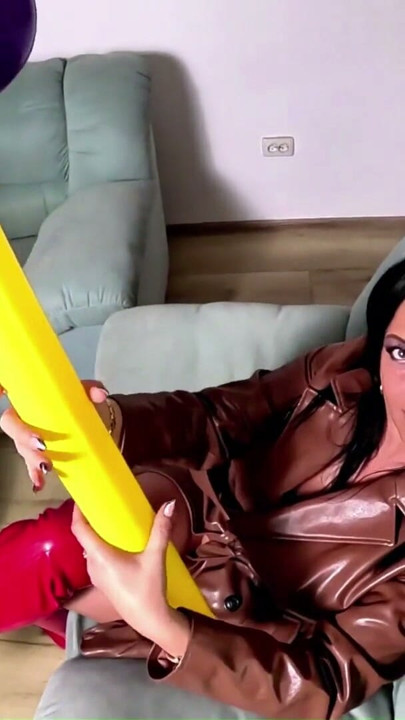 Dominant Leather MILF with Giant Inflatable Hammer. Doggy, Cum Play and Popping | Clip 1