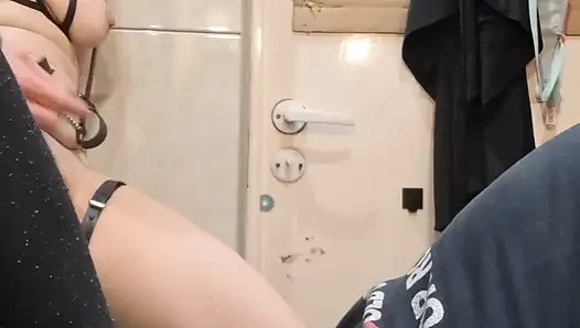 Husband with big cock and wife with tight pussy, in the bathroom have a few moments for each other