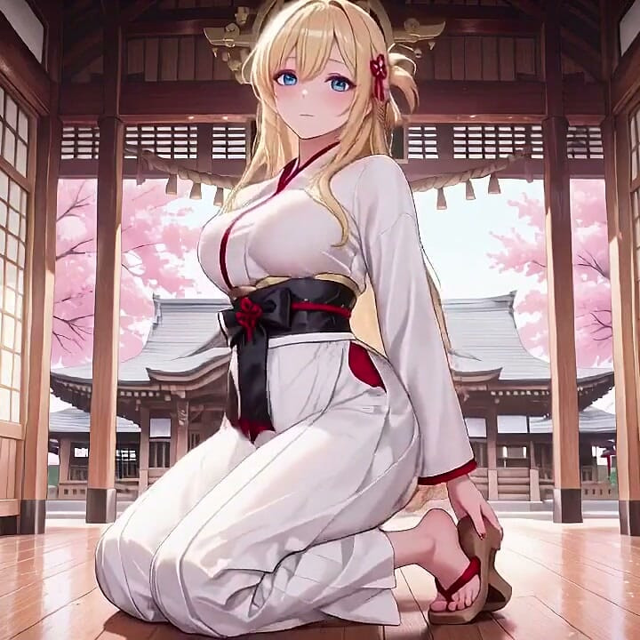 Blonde Kimono Girl! From Cherry Blossom Shrine to Bedroom, Black Lace Contrast!