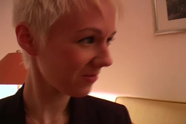 Short haired German blonde gets her shaved pussy smahsed
