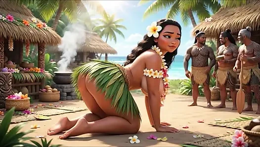 Moana Pleasant Village ежедневные обнаженные рутины на пляже Лагуна Фрукты на всех четвереньках с татуированные мужчины