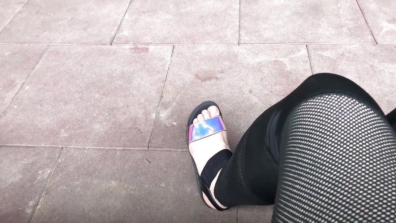 My new shiny sandals and toes tease outdoor