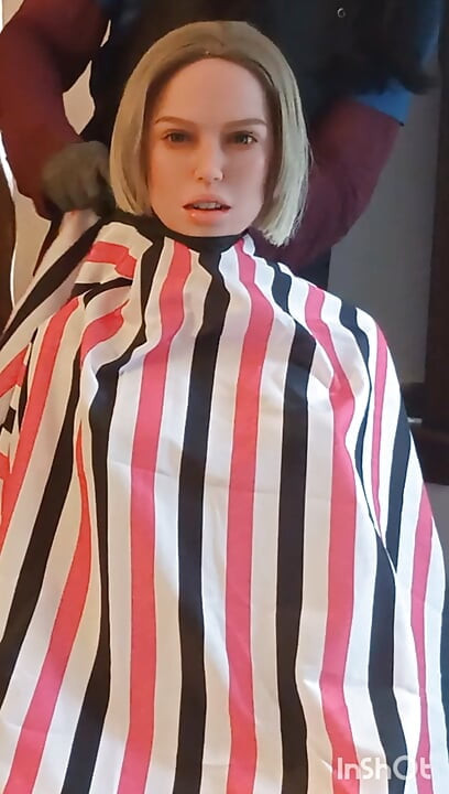 Jennifer haircutting cape modeling session