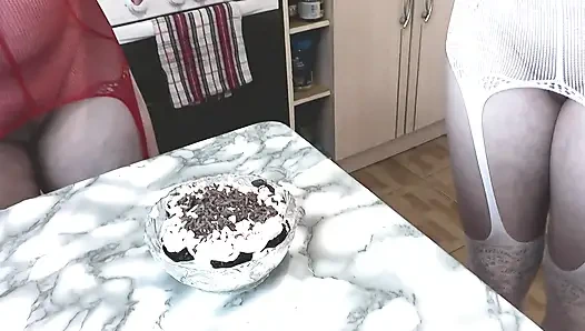 Two girls Lesbians Old young Hot woman blonde mature MILF and cute girl brunette teenager virgin kiss in kitchen Close Up  Ass