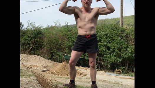 FIt shirtless muscular workman gets horny doing construction work, flexes, jerks off and shoots a load.